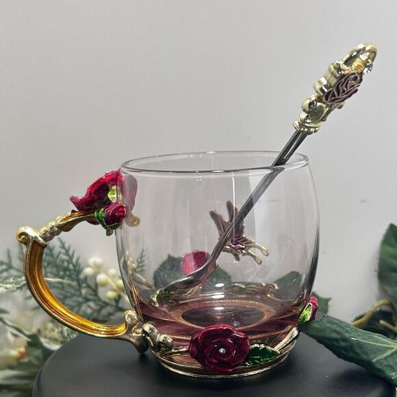 ARC Of France Jeweled Enameled Tea Cup Coffee Mug Clear Glass With Spoon 4" - Picture 3 of 5